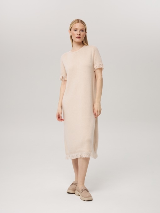 Платье из кашемира с коротким рукавом светло-бежевое LND2023-225-3034