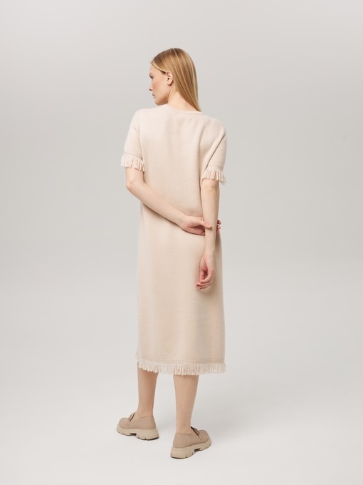 Платье из кашемира с коротким рукавом светло-бежевое LND2023-225-3034