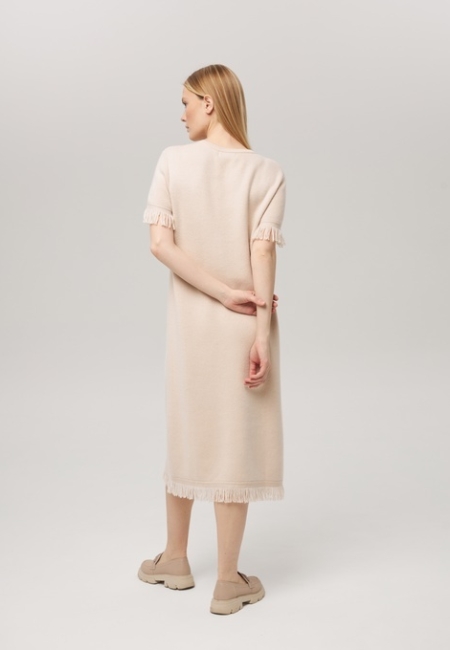 Платье из кашемира с коротким рукавом светло-бежевое LND2023-225-3034