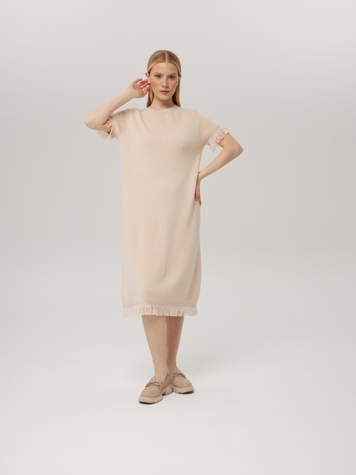 Платье из кашемира с коротким рукавом светло-бежевое LND2023-225-3034