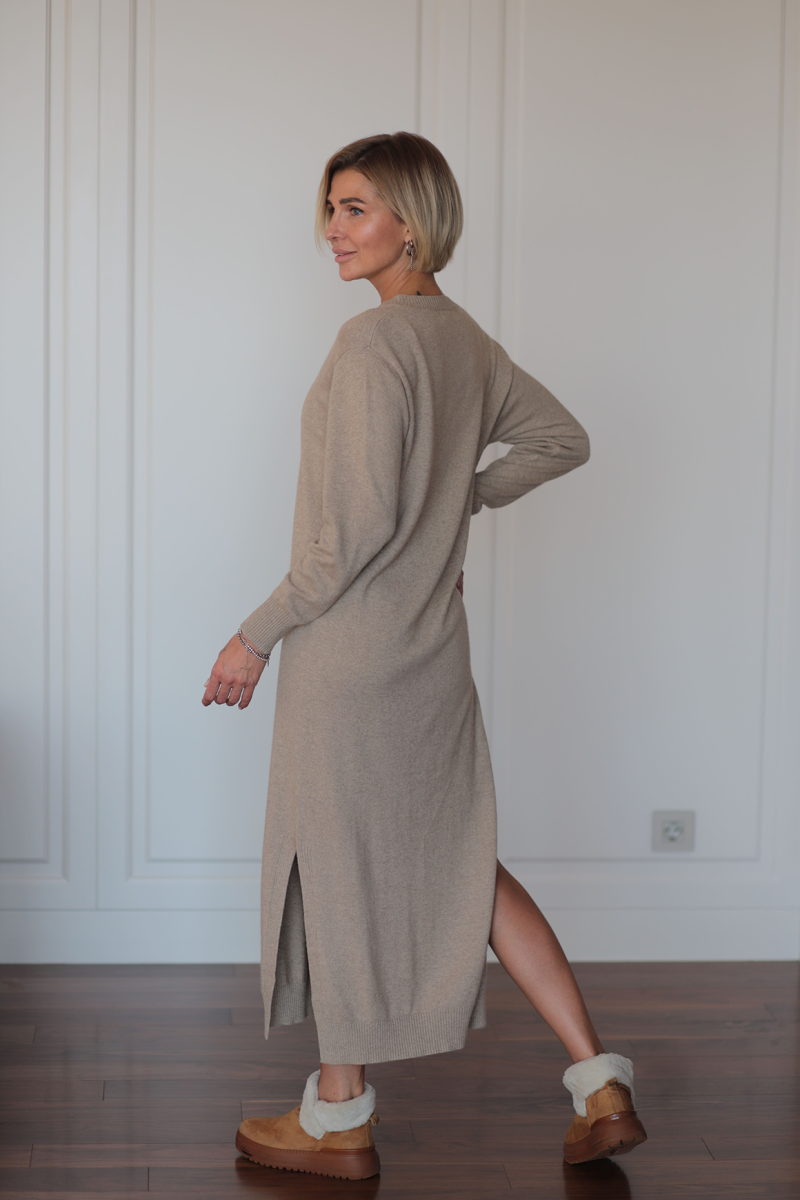 Платье из кашемира с V-образным вырезом розовое L202302-3038