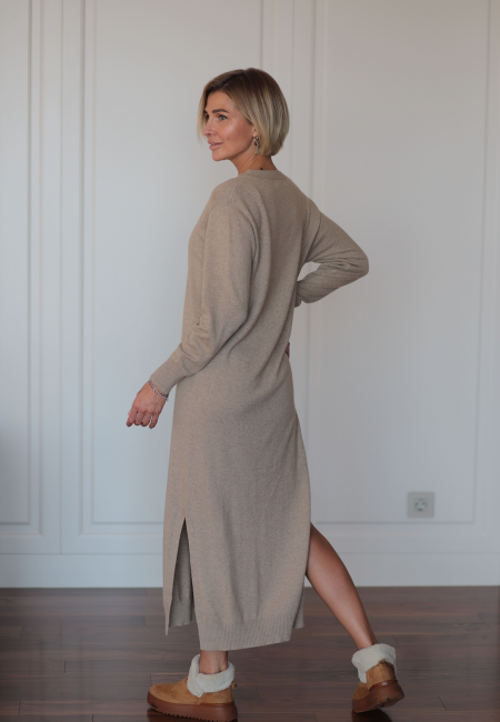 Платье из кашемира с V-образным вырезом розовое L202302-3038