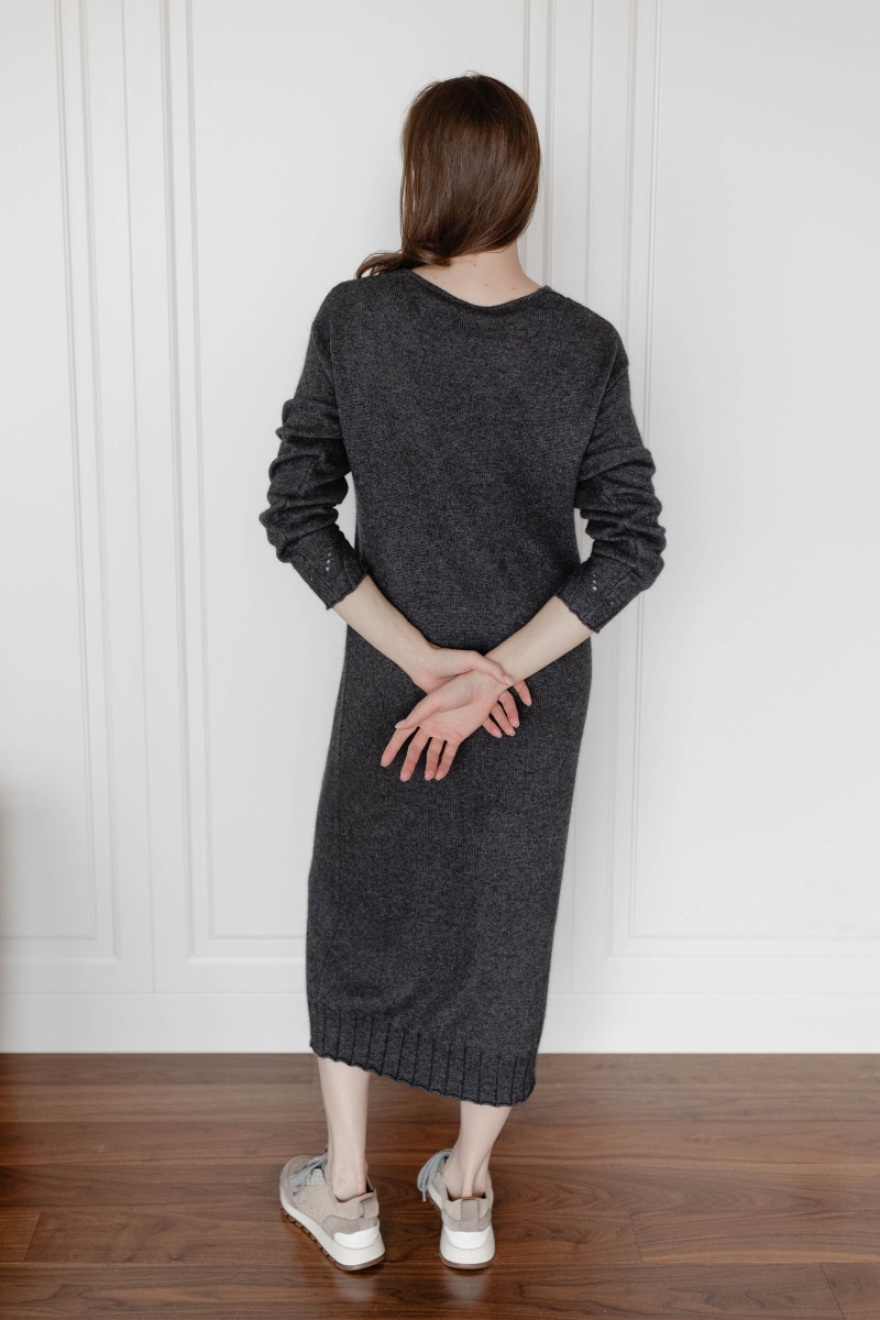 Платье из кашемира с V-образным вырезом темно-серое L202303-3030