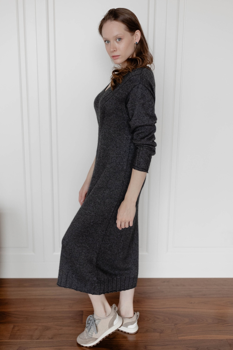 Платье из кашемира с V-образным вырезом темно-серое L202303-3030