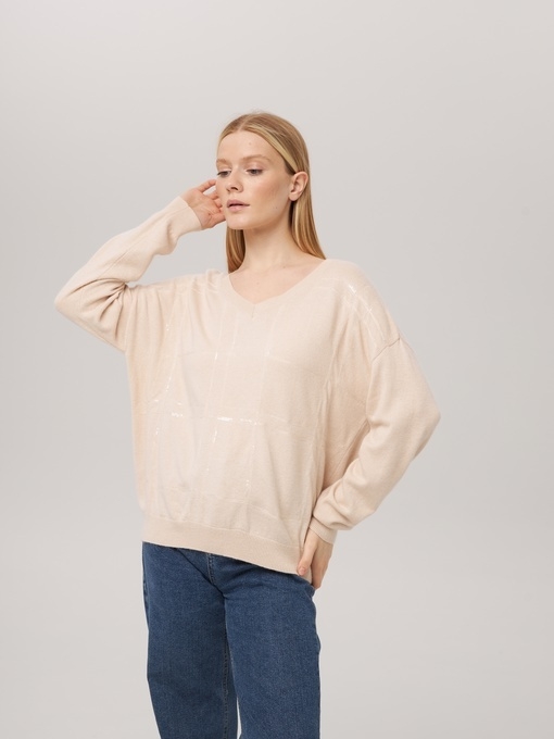 Джемпер с V-образным вырезом светло-бежевый P-008-3034