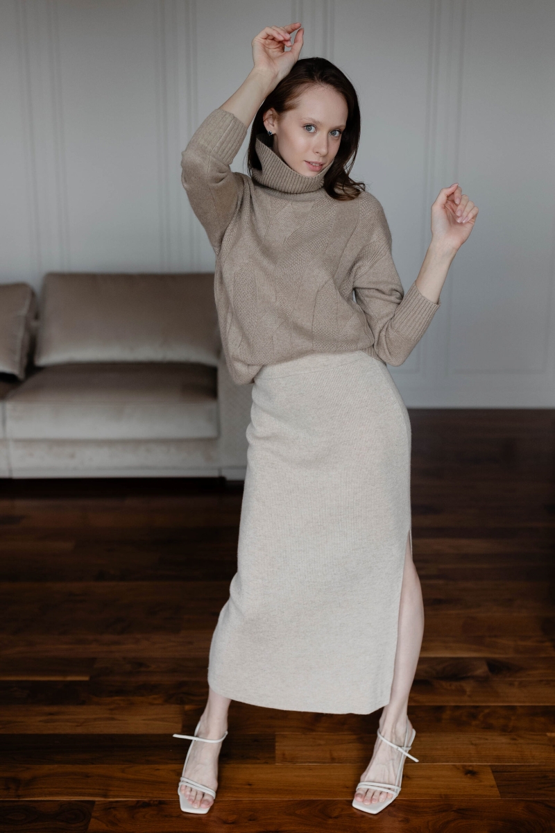 Свитер из кашемира широким воротником и косами бежевый L202314-3023