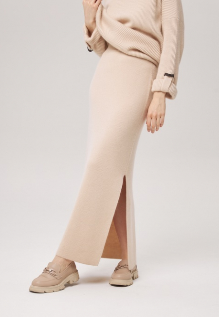 Длинная юбка из кашемира с разрезом бежевая LND2023-115-3023