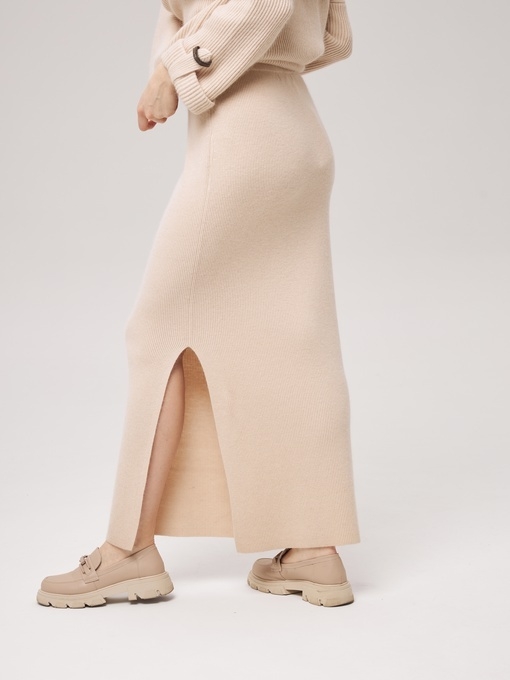 Длинная юбка из кашемира с разрезом бежевая LND2023-115-3023