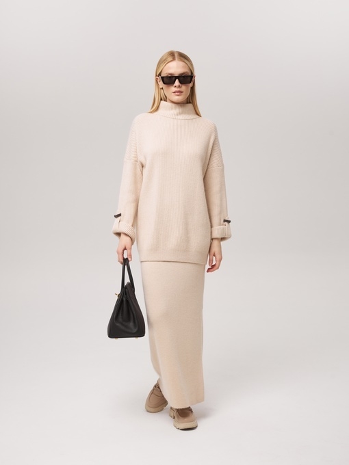 Длинная юбка из кашемира с разрезом бежевая LND2023-115-3023