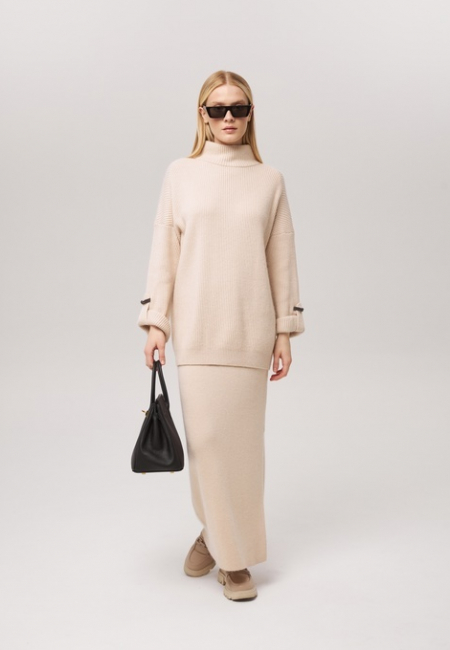 Длинная юбка из кашемира с разрезом бежевая LND2023-115-3023