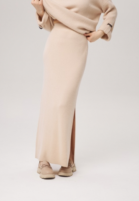Длинная юбка из кашемира с разрезом бежевая LND2023-115-3023