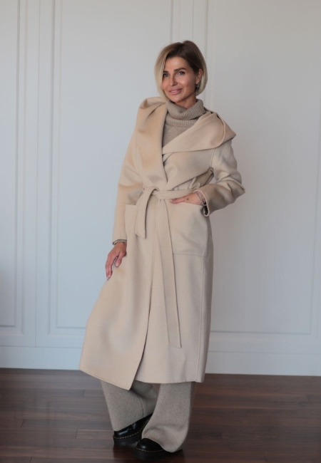 Пальто из кашемира с капюшоном молочное LP005-3080