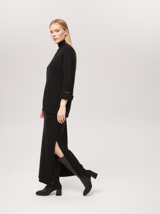 Длинная юбка из кашемира с разрезом черная LND2023-115-3068