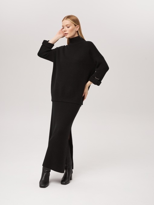 Длинная юбка из кашемира с разрезом черная LND2023-115-3068